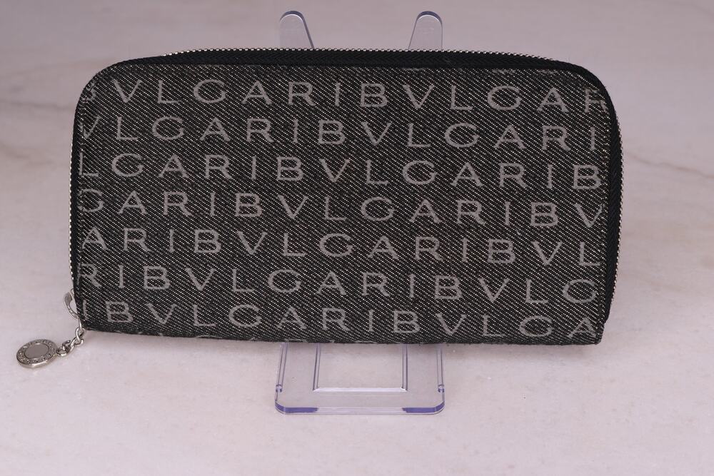 Authentic Vintage Bvlgari Logomania Canvas Zip-Around Long Wallet Black